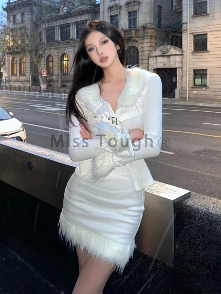 Winter Sexy Elegant New 2 Piece Set Women Tassel Y2k France Vintage Sweet Mini Skirt Suit Female Korean Fashion Casual Sets 2023