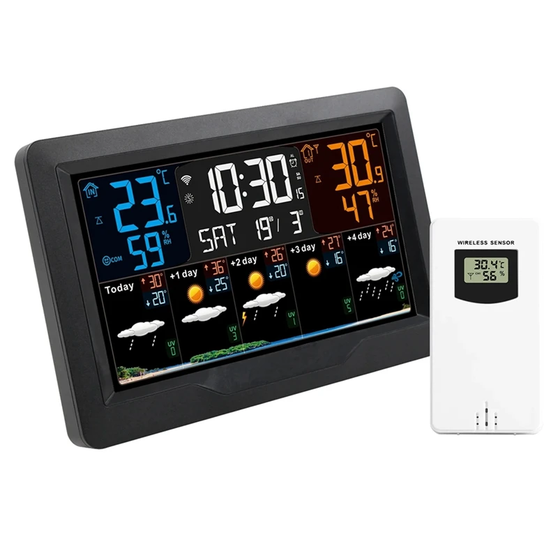 FGHGF-Tuya WIFI Smart Weather Station Temperature Humidity Meter Weather Forecast Indoor Outdoor Weather Alarm Clock EU Plug
