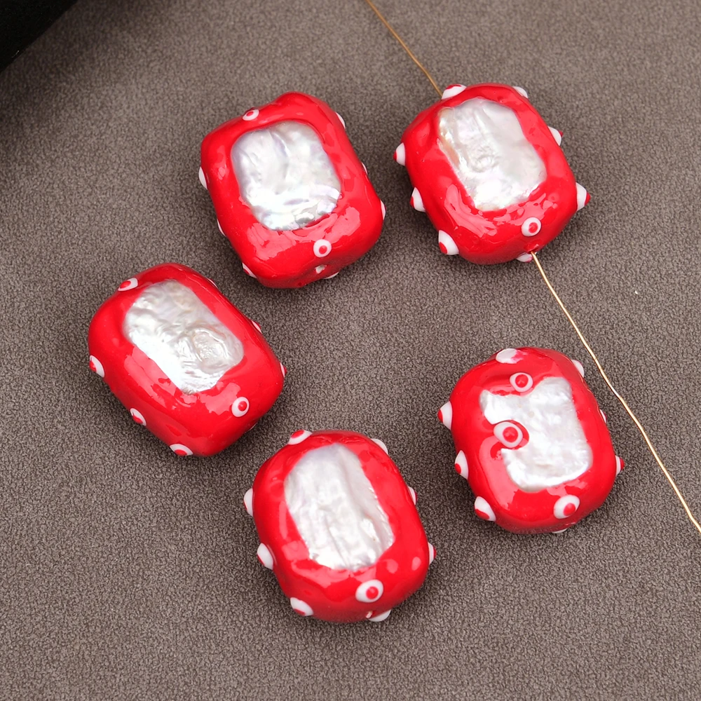 

APDGG 5 Pcs Natural White Keshi Pearl Rectangle Shaped Red Enamel Glaze craftsmanship Edge Loose Beads Jewelry DIY