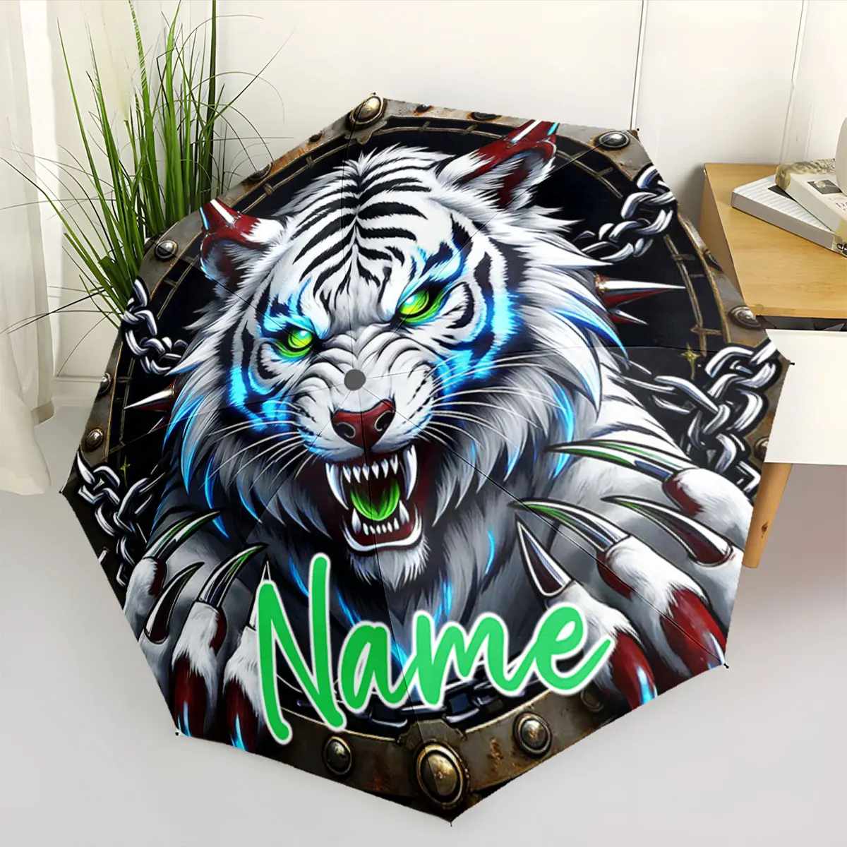 Custom Name Umbrella Fierce Tiger Design Stylish Umbrella Print 8 Iron Ribs Folding Umbrella Auto-Open Fashion Sunshade
