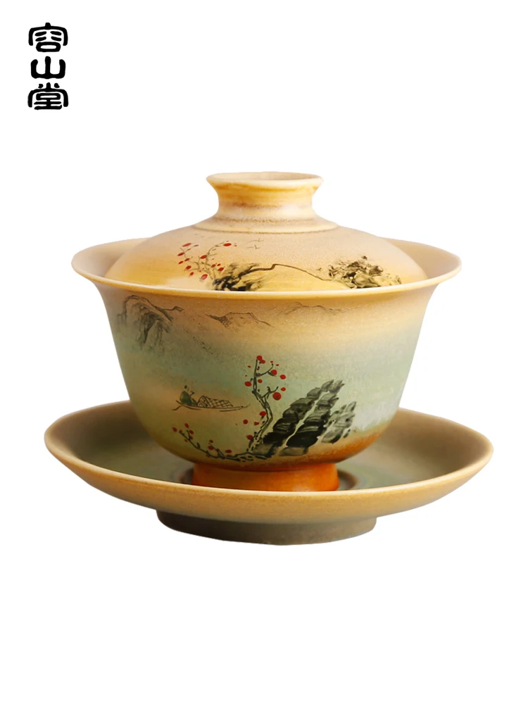 Tea Set Suit Ceramic Handmade Underglaze Solid Color Painted Cover Bowl Personal Special Retro New Chinese Desktop Decoration1Pc