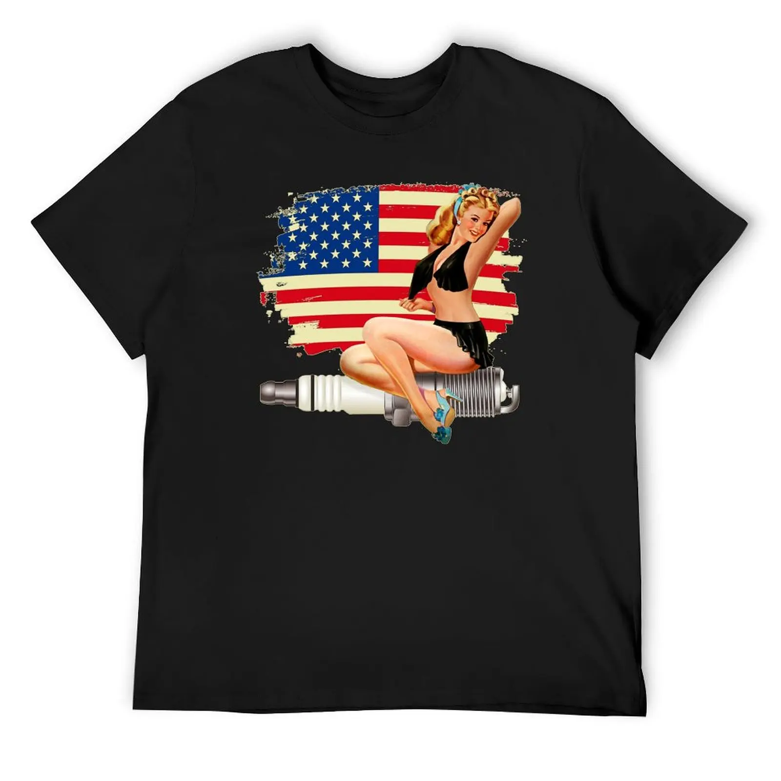 

Sexy Pin Up Girl on Spark Plug - American Flag T-Shirt shirts graphic tees Aesthetic clothing vintage t shirts outfits for men