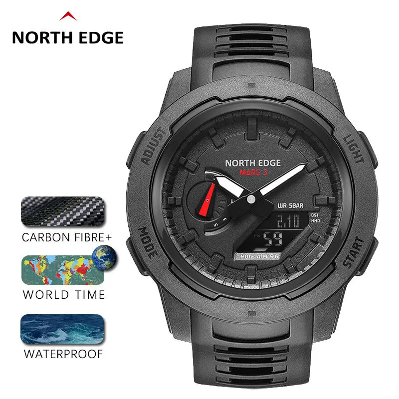 NORTH EDGE Mens Watch MARS3 Carbon Fiber Case Stopwatch Alarm Clock World Time Waterproof Watches for Men with Box Reloj Hombre