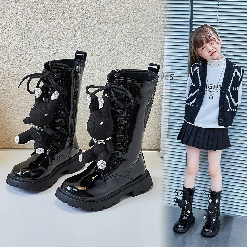 Inverno 2022 novas meninas do bebê botas longas plutônio brilhante crianças moda versátil casual bonito boneca coelho preto estreito banda cavaleiro botas