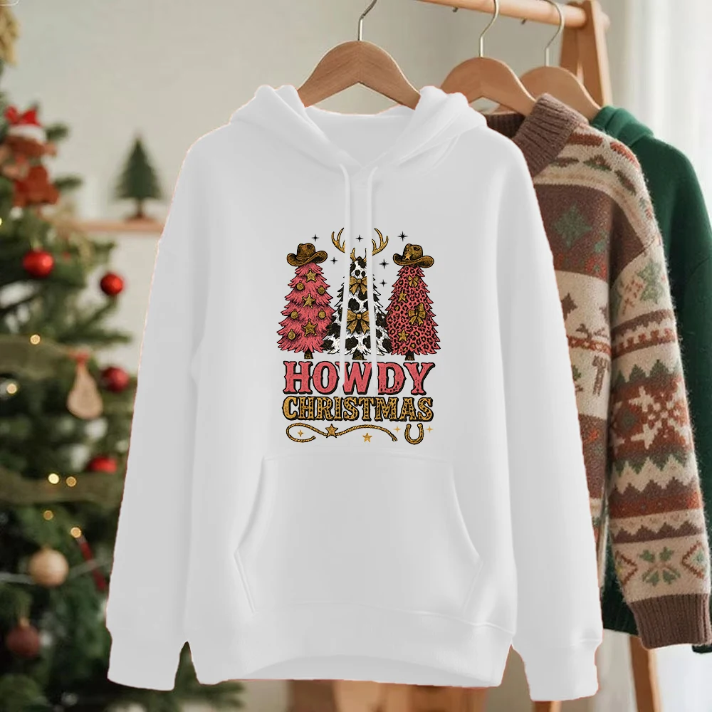 

Merry Christmas Howdy Trees Printed Hoodies Women Basics Pocket Pullovers Winter Fleece Warm Sweatshirts Casual Loose Clothes