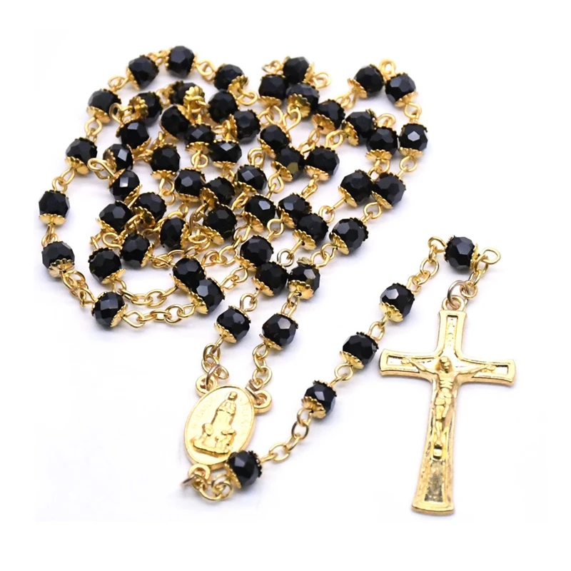 Catholic Jewelry Black Glass Crystal Beads Fatima Cross Pendant Rosary Necklace For Men Women