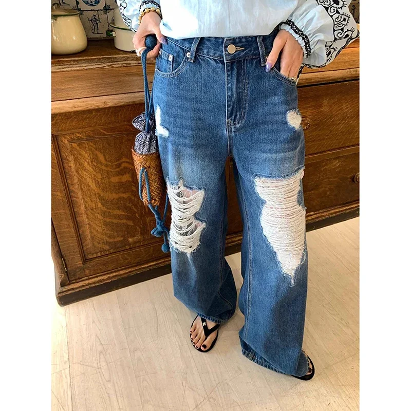 Vintage Azzurro Y2k Baggy Jeans strappati Donna Harajuku Anni '90 Pantaloni in denim oversize Streetwear Pantaloni retrò americani anni 2000