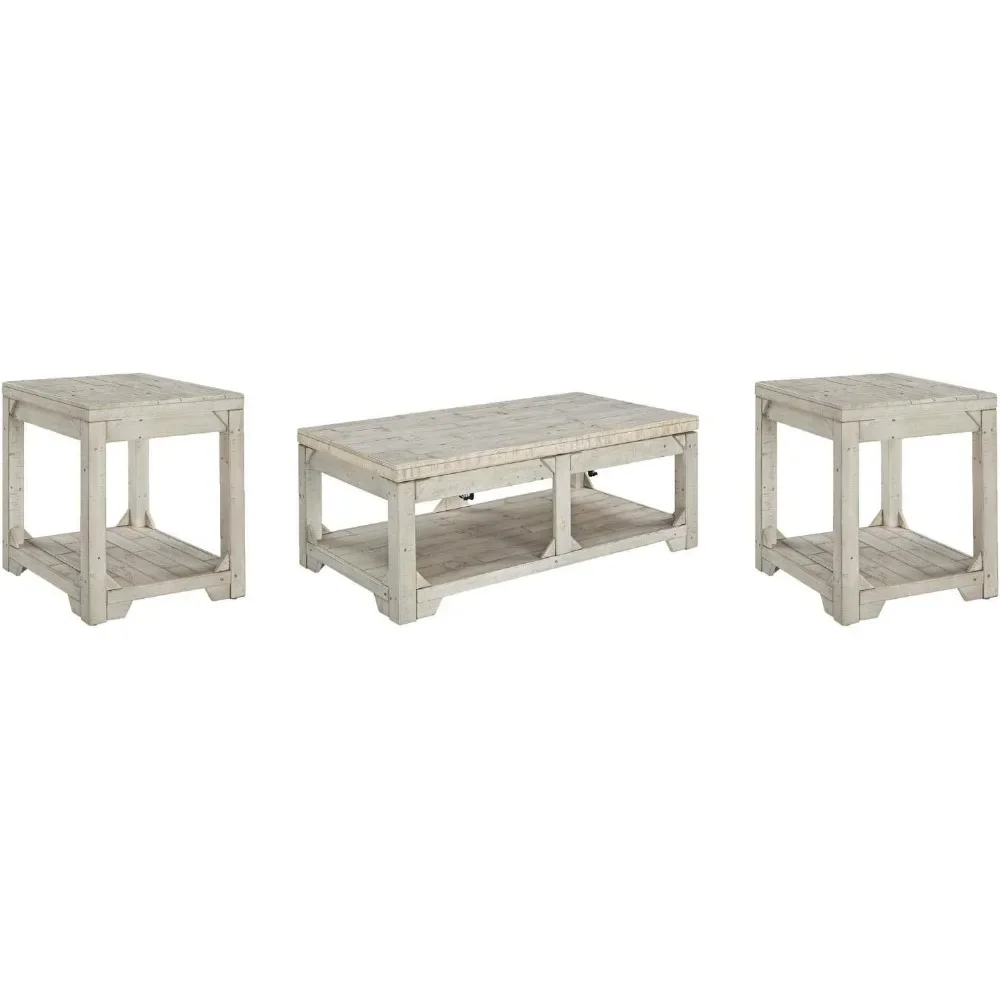 Rectangular Lift Top Coffee Table with Floor Shelf, Whitewash with Weathered Finish coffee table