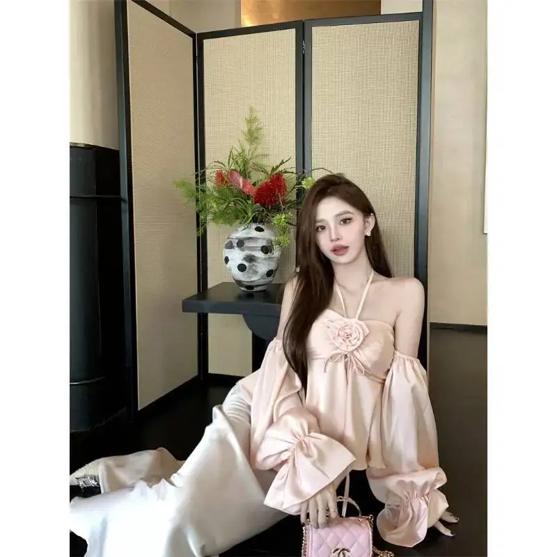 Kimotimo Flower Halter Crop Tops Women Sexy Sweet Off Shoulder Flared Sleeve Slim Fit Shirts Spring Summer All Match Y2k Blouse