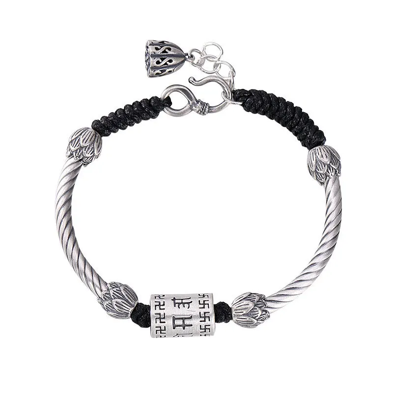 Retro Style 925 Silver Six-Character True Words Transfer Pearl Heart Sutra Bracelet Hand Woven Rope Man Women Lover Jewelry Gift