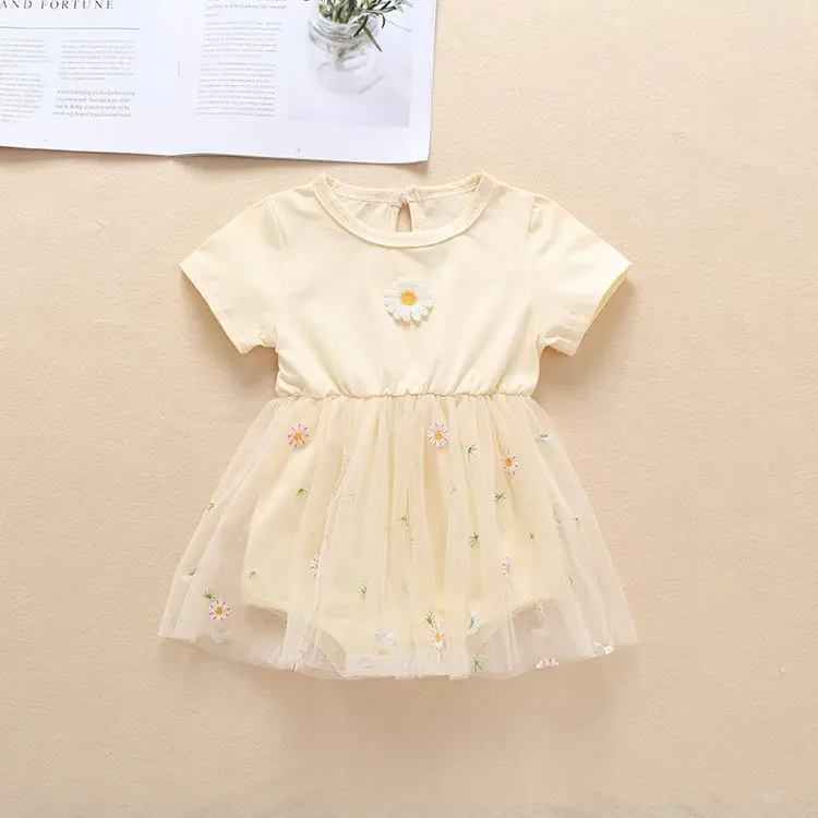 

Dresses Costume for Babies 2025 Baby Girl Ribbed Short-sleeve Spliced Floral Embroidered Mesh Dress
