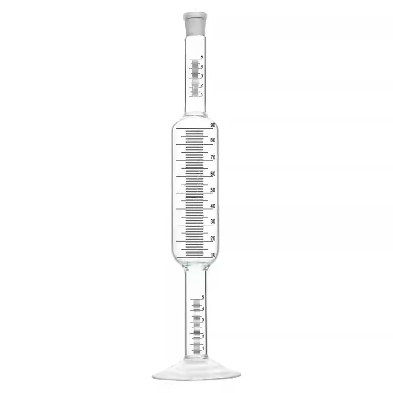 Oil measuring cylinder with upper and lower necks, glass measuring cylinder with storage cup, measuring cylinder