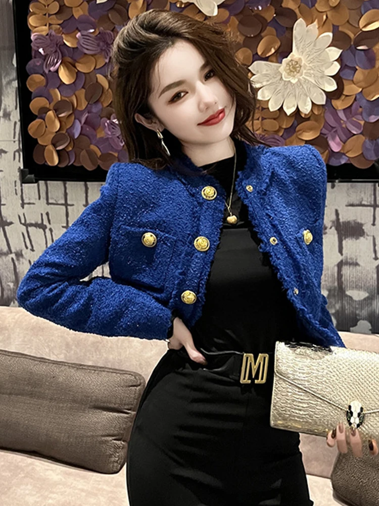 Fashion Short Jacket for Women Elegant White Blue Tweed Tops Coat Long Sleeve Buttons Femme Clothes Office Lady Street Outwear