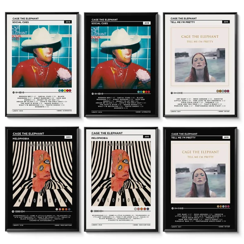 Conjunto de carteles de Cage The Elephant, melodobia, tacos sociales, Tell Me I'm Pretty, cubiertas de álbumes, arte de pared, regalo musical, banda de Rock, decoración del hogar