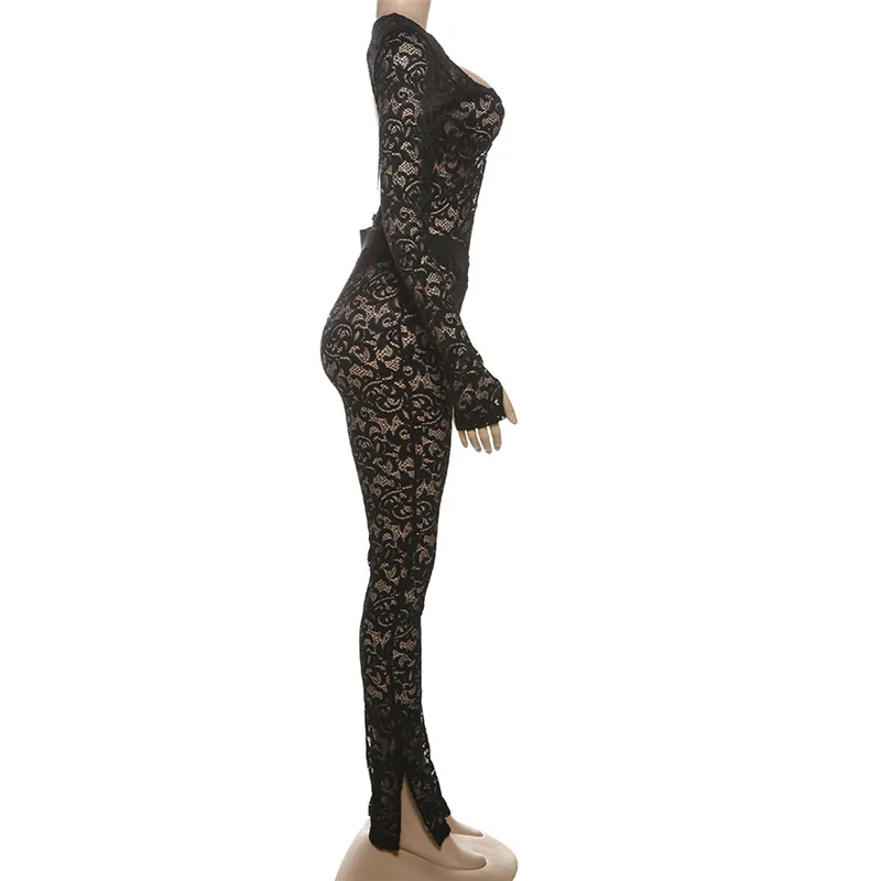 Sexy Mesh Lace Two Piece Pant Set Women Spring Backless Tracksuits Elegant Luxury Outfits Club Wear 2-częściowe zestawy spodni Outfits — zdjęcie 4