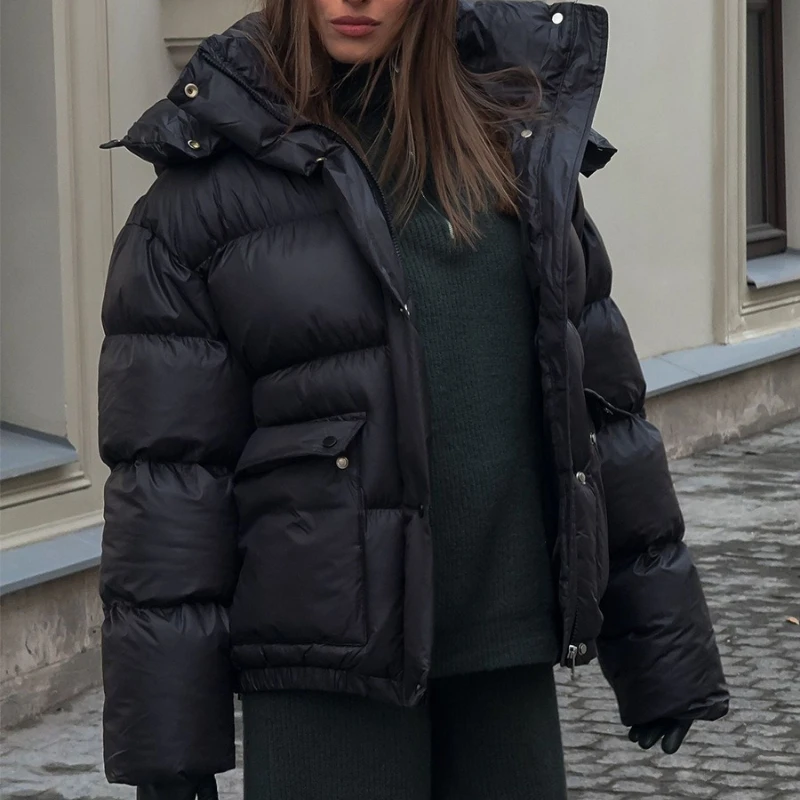

Women's New Winter Black Parkas Fashionably Simple Cotton Padded Jacket Square Pocket Warm Hooded Outerwear