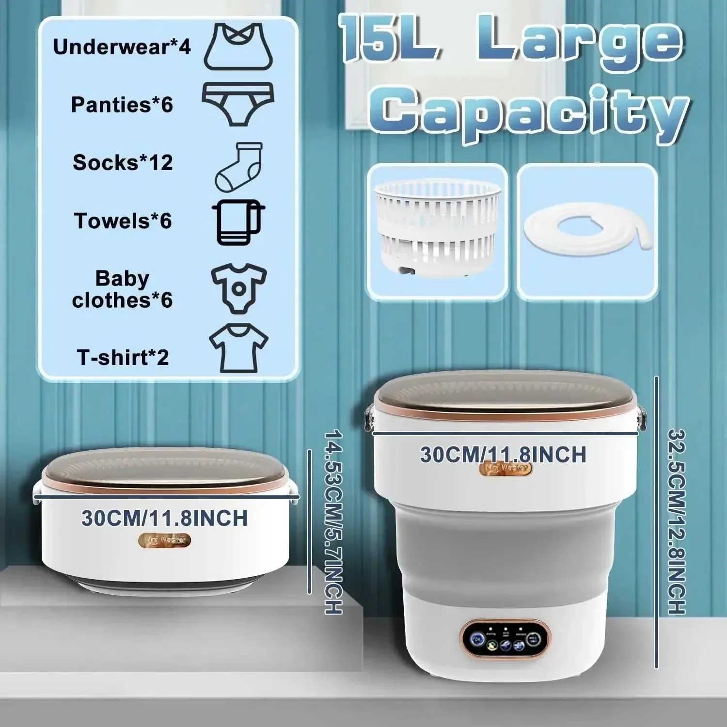 

Mini Portable Washer 15L High-Capacity Foldable Spin Basket for Underwear Pants & Socks with Hidden Drainage Pipe for Clothes
