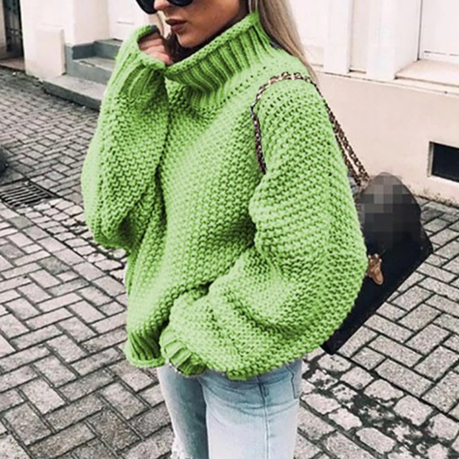 Women\'S Solid Color Fashion Sweater Rolled Edge High Neck Bat-Sleeved Loose Pullover Autumn And Winter Casual Thermal Tops