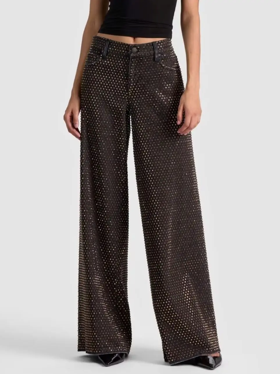 Ladies Rhinestone Wide Leg Pants Solid Color High Waist Straight Fashion Cotton Long Trousers