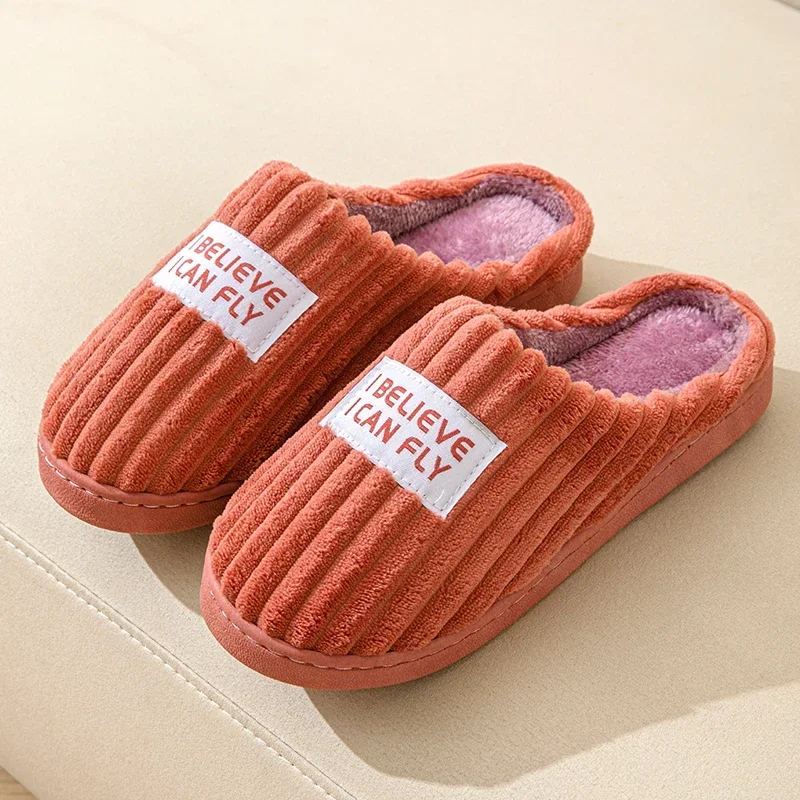 Winter Warm Short Plush Women\'s Cotton Slippers Indoor Home Casual Toe Wrap Slides Men Anti Slip Autum Word Stripe Soft Shoes