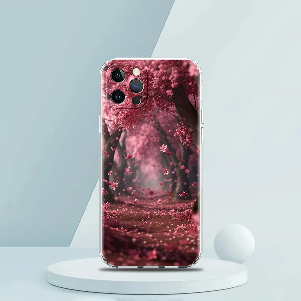 Pink Spring Cherry Blossoms Phone Case for iPhone 16 15 14 13 12 Pro Max 11 Pro Max 7 8 Plus XS XR Max Transparent Soft Shell