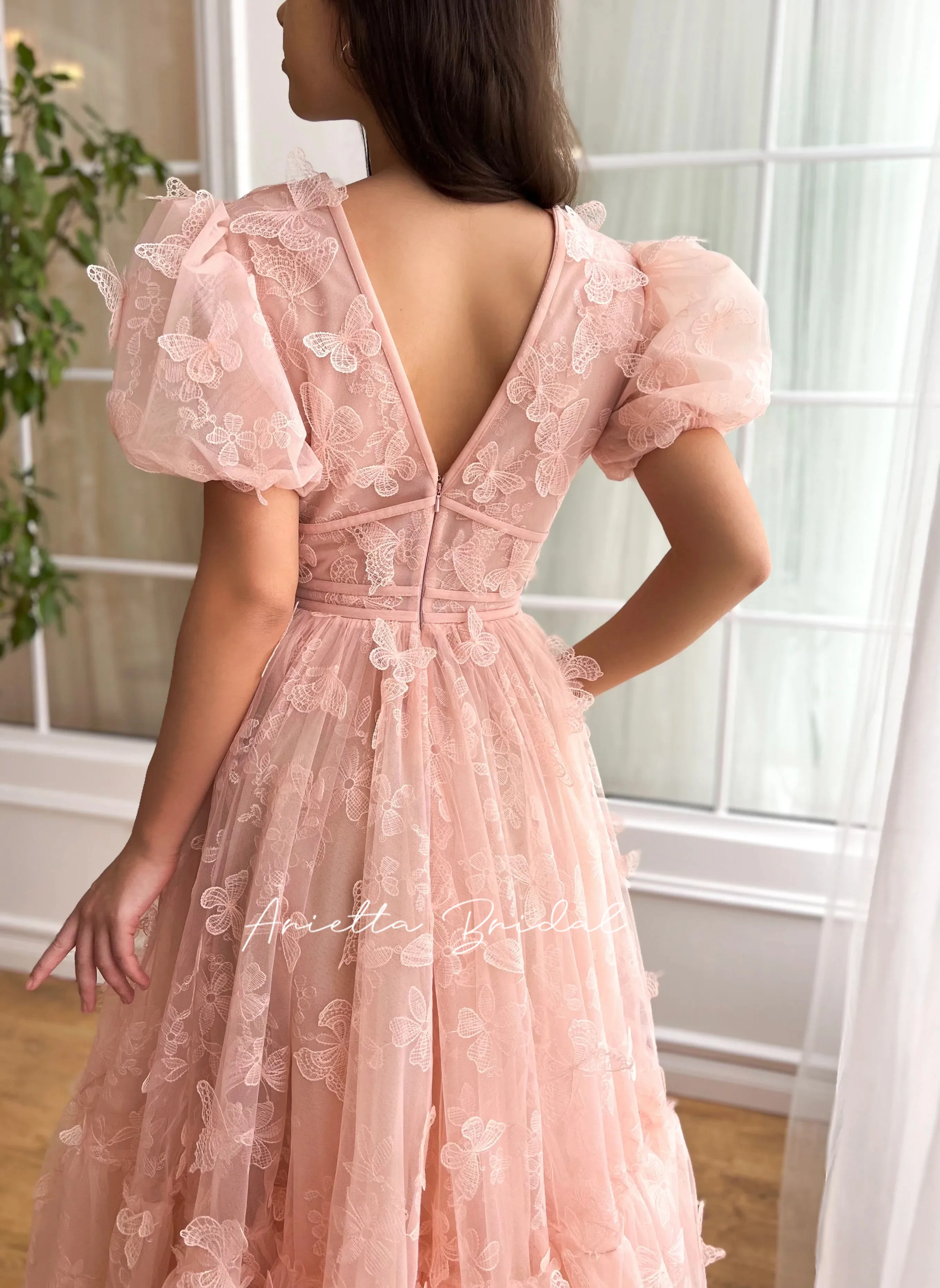 Arietta Peach Butterfly Tulle Midi Prom Dresses V-Neck Short Sleeves Tea-Length Wedding Party Dresses A-Line Formal Gowns