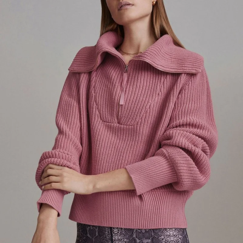 

Новый европейский и американский женский модный модный повседневный топ на молнии с широким воротником, универсальный свитер