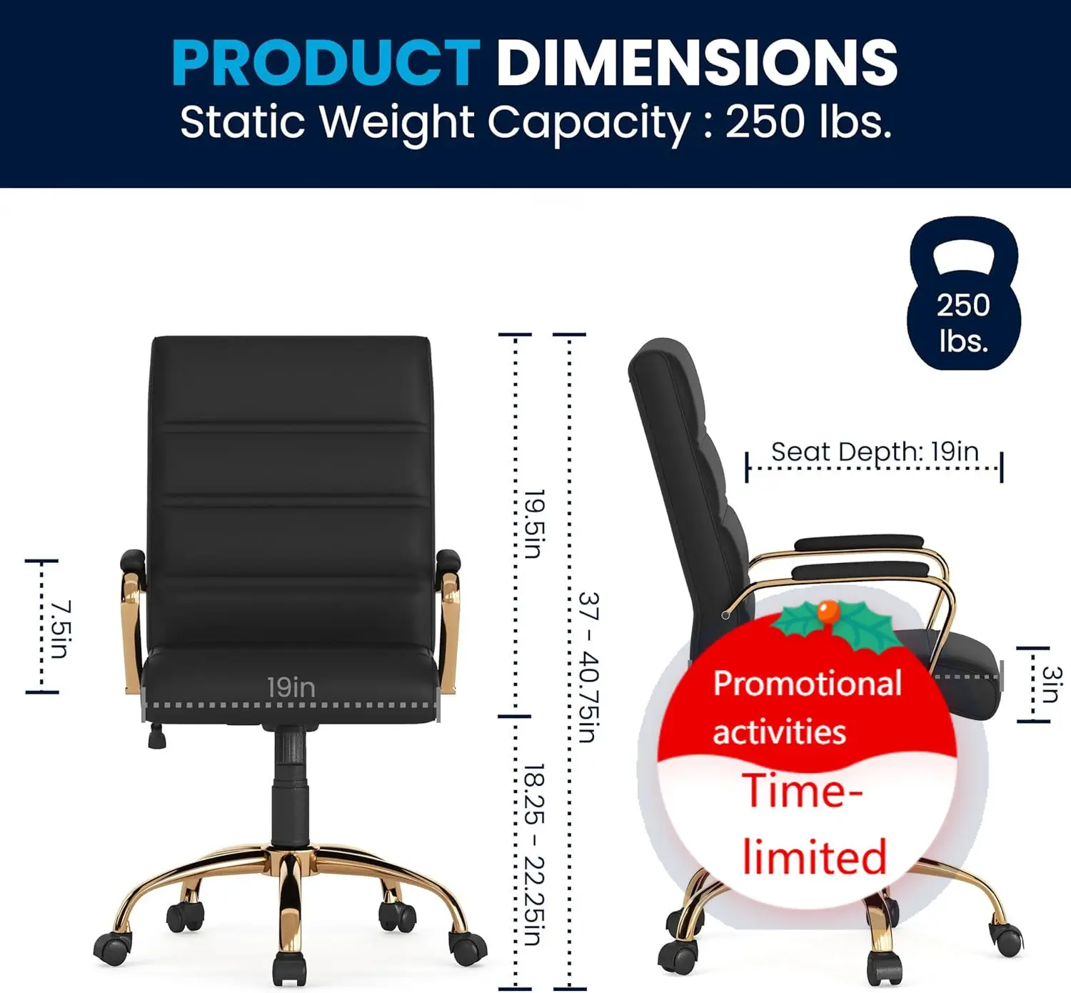 

Whitney Mid-Back Swivel LeatherSoft Desk Chair with Wheels, Padded Seat and Armrests, Adjustable Height Padded Office Chair, Bla