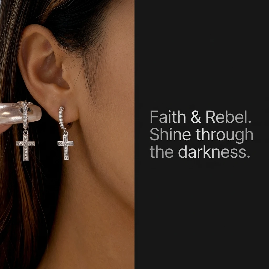 Brilliant CZ Cross Drop Earrings for Women Meaningful Pave CZ Huggie Hoops Edgy Streetwear Hip Hop Bling Jewelry Accessories