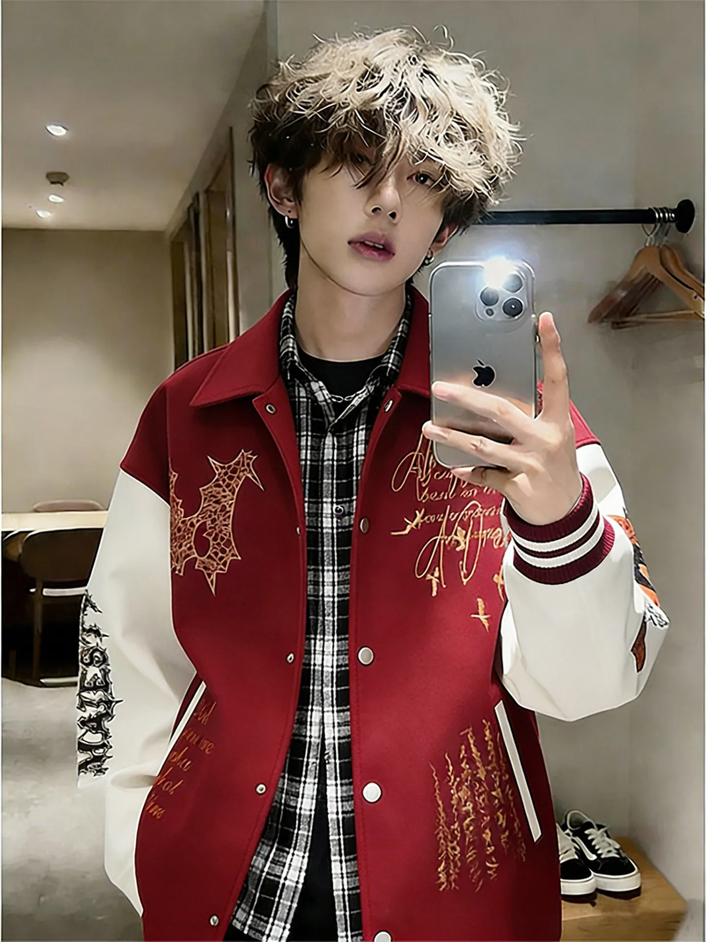 

Red American Vibe Embroidered Baseball Jaet Men's Spring Autumn Patchwork Outerwear Trendy High-End Feel Stand Collar Jaet