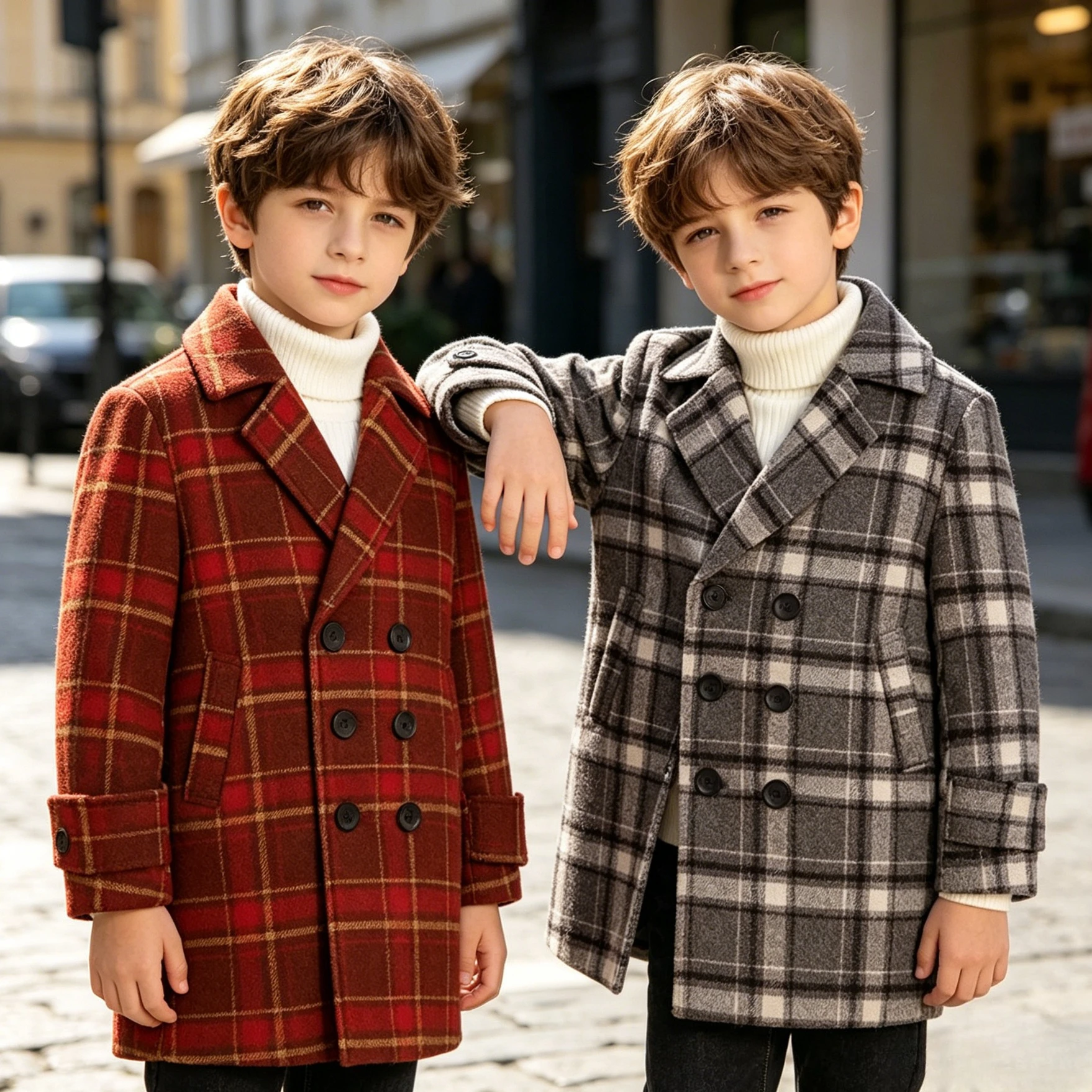 

Winter Wool Blend Plaid Coat for Boys Lapel Double Breasted Mid Length Check Windproof Warm Casual Kids Outer Overcoat 2-14Y