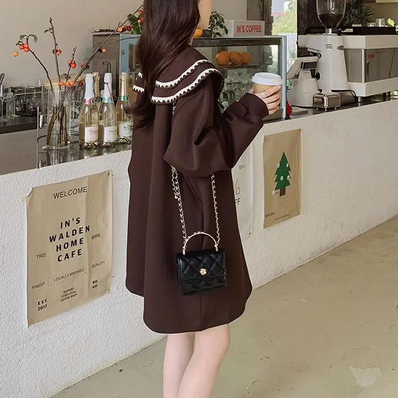 Vintage Doll Collar Loose Dresses 2024 Spring Autumn Casual Solid Color Women\'s Clothing Long Sleeve Korean Straight Midi Dress