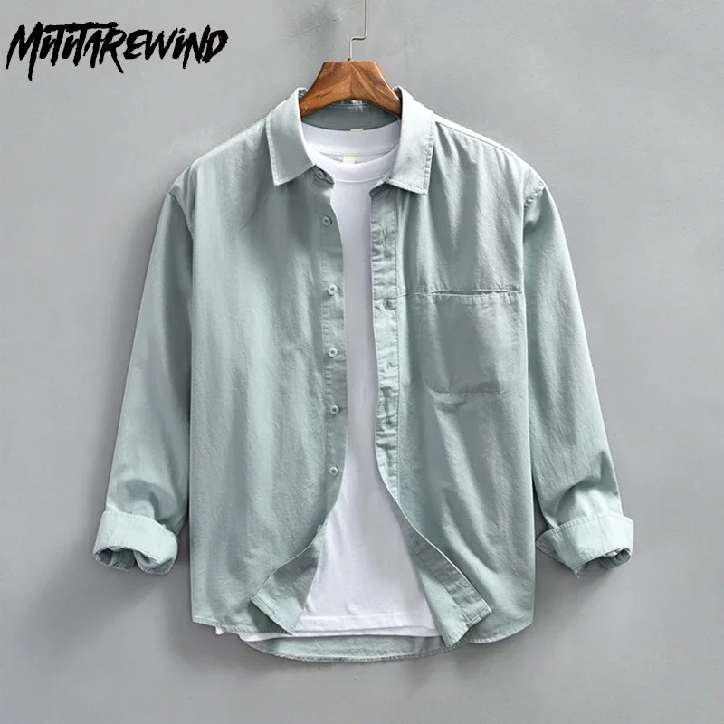 

Spring Summer Mens Long Sleeve Shirt 4XL Simple Korean Style Clothes Lapel Pocket 100 Cotton Button Up Shirt Daily Casual Shirts