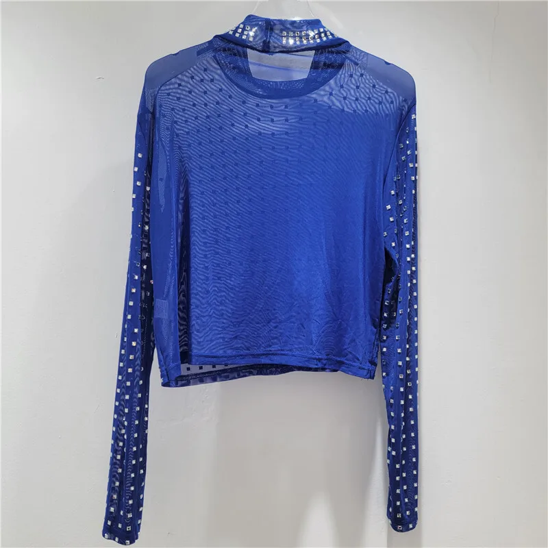 HKSH Tシャツ女性のための秋の新長袖スタンドカラーメッシュスタッズダイヤモンド Tシャツシックなストリートエレガントカジュアルトップス HK10866