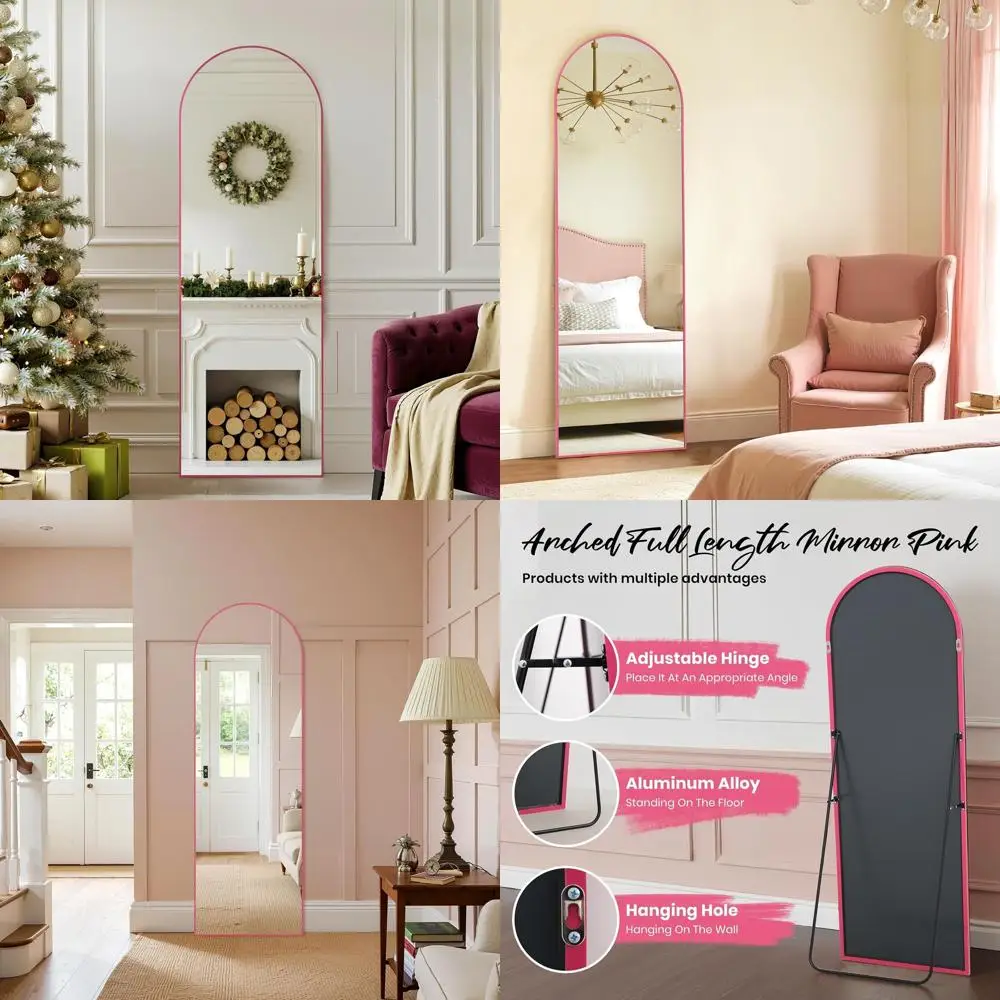 

19x57 Arched Full Length Mirror with Stand, Ideal for Bedroom or Living Room, Shatter-Resistant Nano Glass, Pink