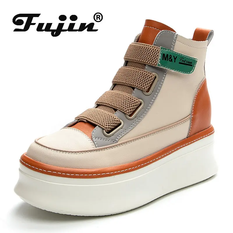 

Fujin 8cm Cow Genuine Leather Platform Wedge Casual Sneakers Autumn Ankle Mid Calf Boots Ladies Booties Hook Women Fashion Shoes