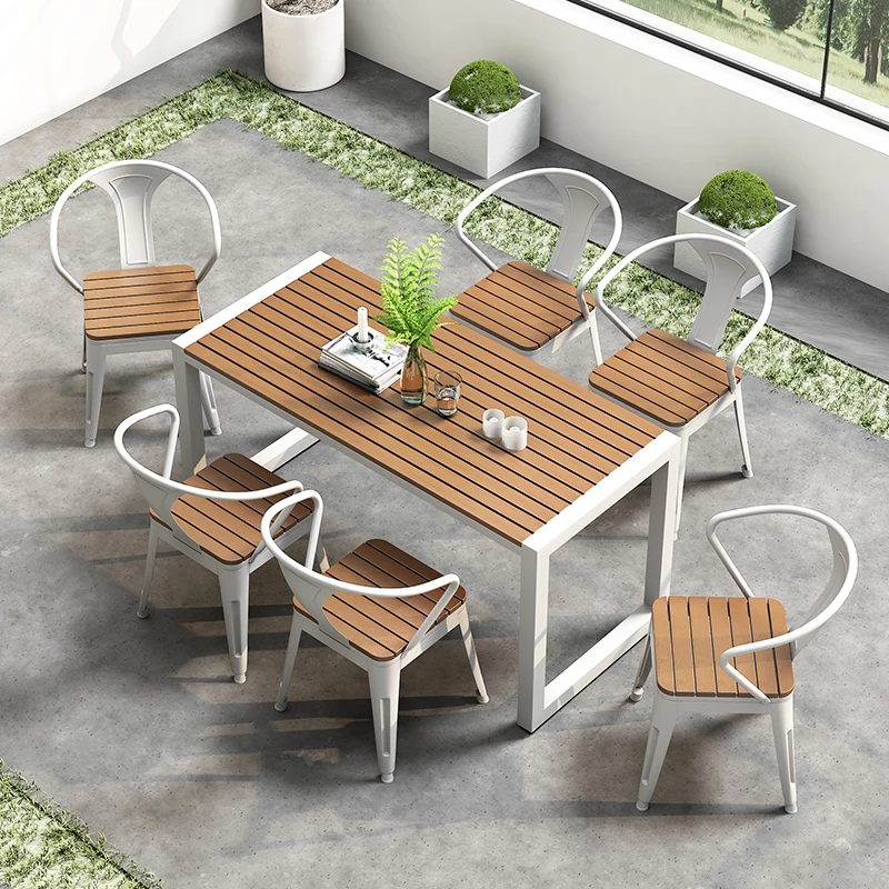 

Outdoor plastic wood table and chair combination outdoor balcony courtyard terrace cafe milk tea shop leisure open-air long