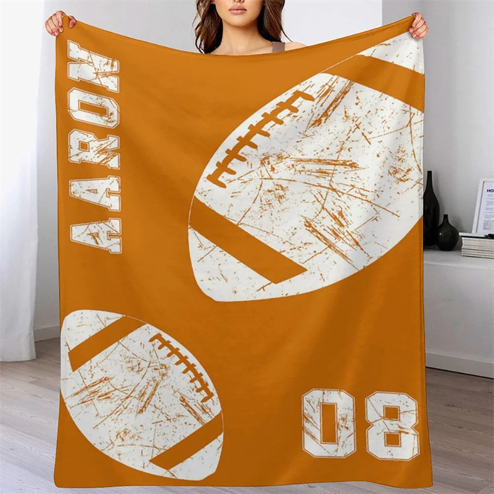 Orange Rugby Jersey Sports Style Custom Name Blanket for Boy, Personalized Team Number Throw Birthday Christmas Gifts Decor