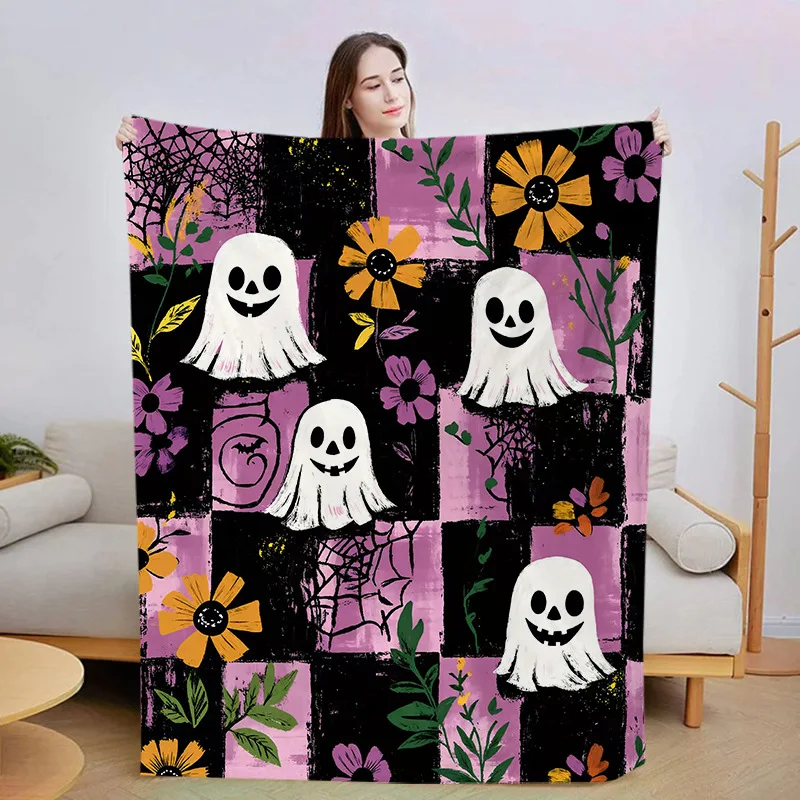 Spooky Halloween Blanket Cute Ghost Purple Plaid Floral Pattern Cozy Throw For Luxury Living Room Sofa Bed Couch Home Decoration