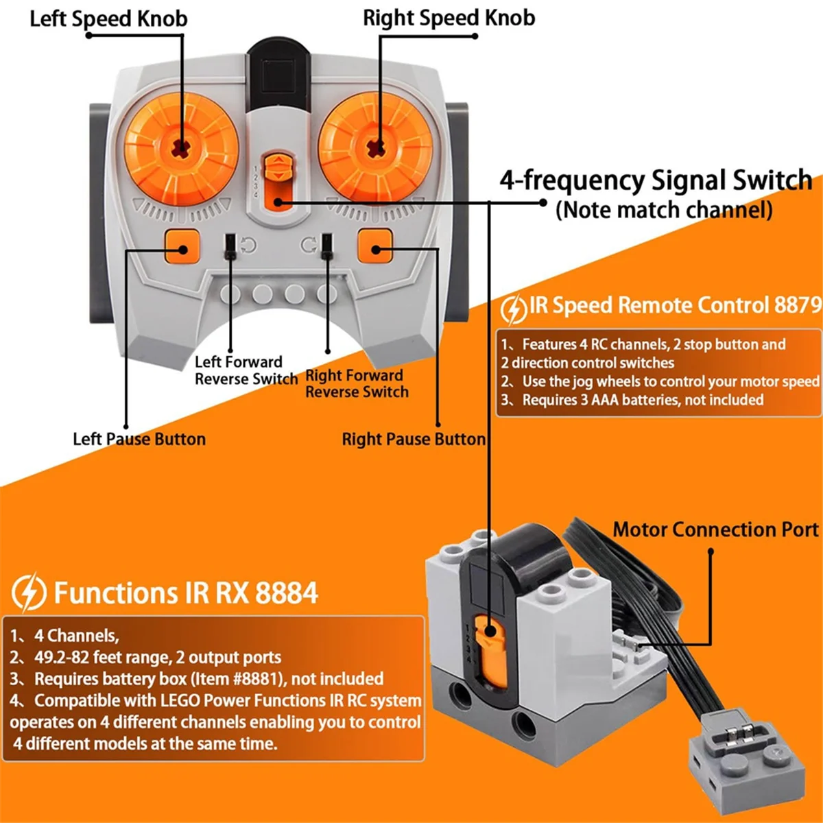 5 STKS Power Functies Set 8879 IR Snelheid Verstelbare Afstandsbediening 8884 IR Ontvanger Motor Auto Trein Speelgoed