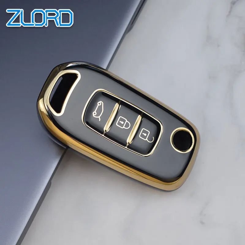 TPU Flip Car Key Case Capa, Chaveiro Borda Dourada, Renault Kadjar, Captur, Megane, Sandero, Stepway, Logan, Clio 5, Arkana, 2020, 2021