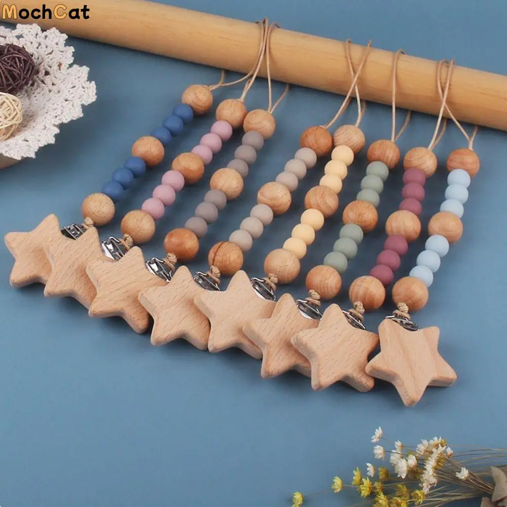 

Beads Anti-drop Wooden Food Grade Heart Clip Star Clip Baby Pacifier Chain Molar Chain Nipple Holder Pacifier Clips Chains