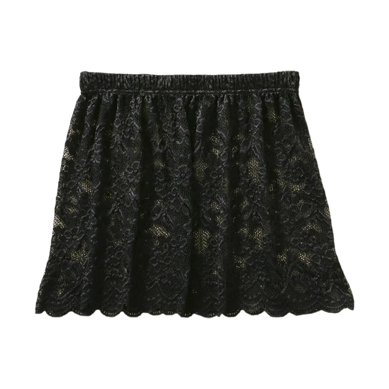 Women Floral Lace Layering Faux Top Sweep Mini Skirt Pleated A-Line Flare Fake Hem Shirt Extender Half-Length Underskirt