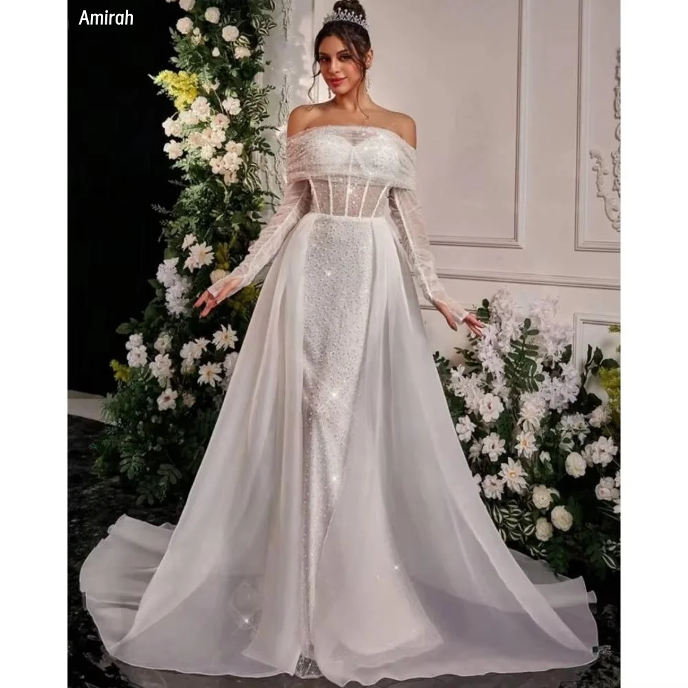 

Amirah Women's Prom Dress 2025 Shiny White Evening Dresses Wedding Custom Made One-shoulder Long Sleeves Ball Gowns Party Woman