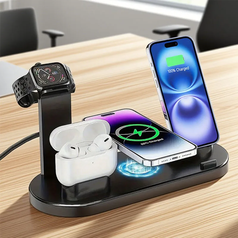

Беспроводная зарядная станция 6-в-1 для iPhone 17/16/15/14, Apple Watch, AirPods Pro, iWatch 7 с быстрой зарядкой