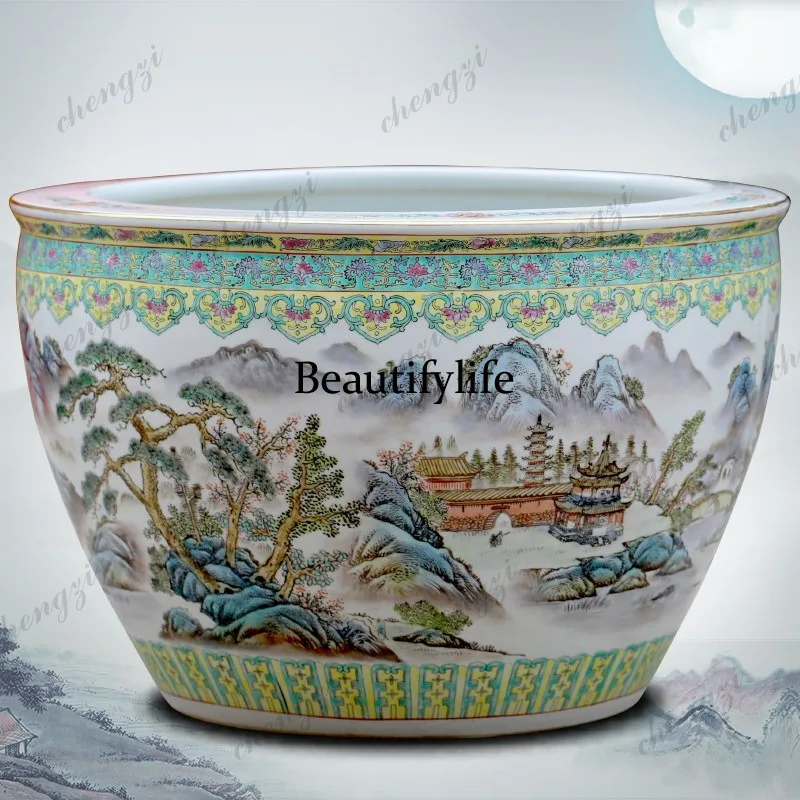 Jingdezhen hand-painted landscape painting ceramic goldfish tank painting tank living room study ornament large