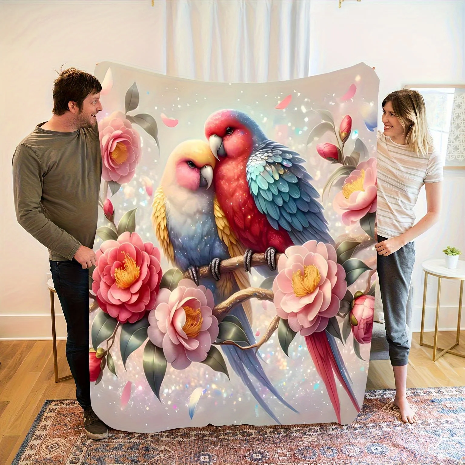 Vibrant Parrot & Floral Print Flannel Throw Blanket Soft, Breathable, Light Beige-Friendly with Digital Printing