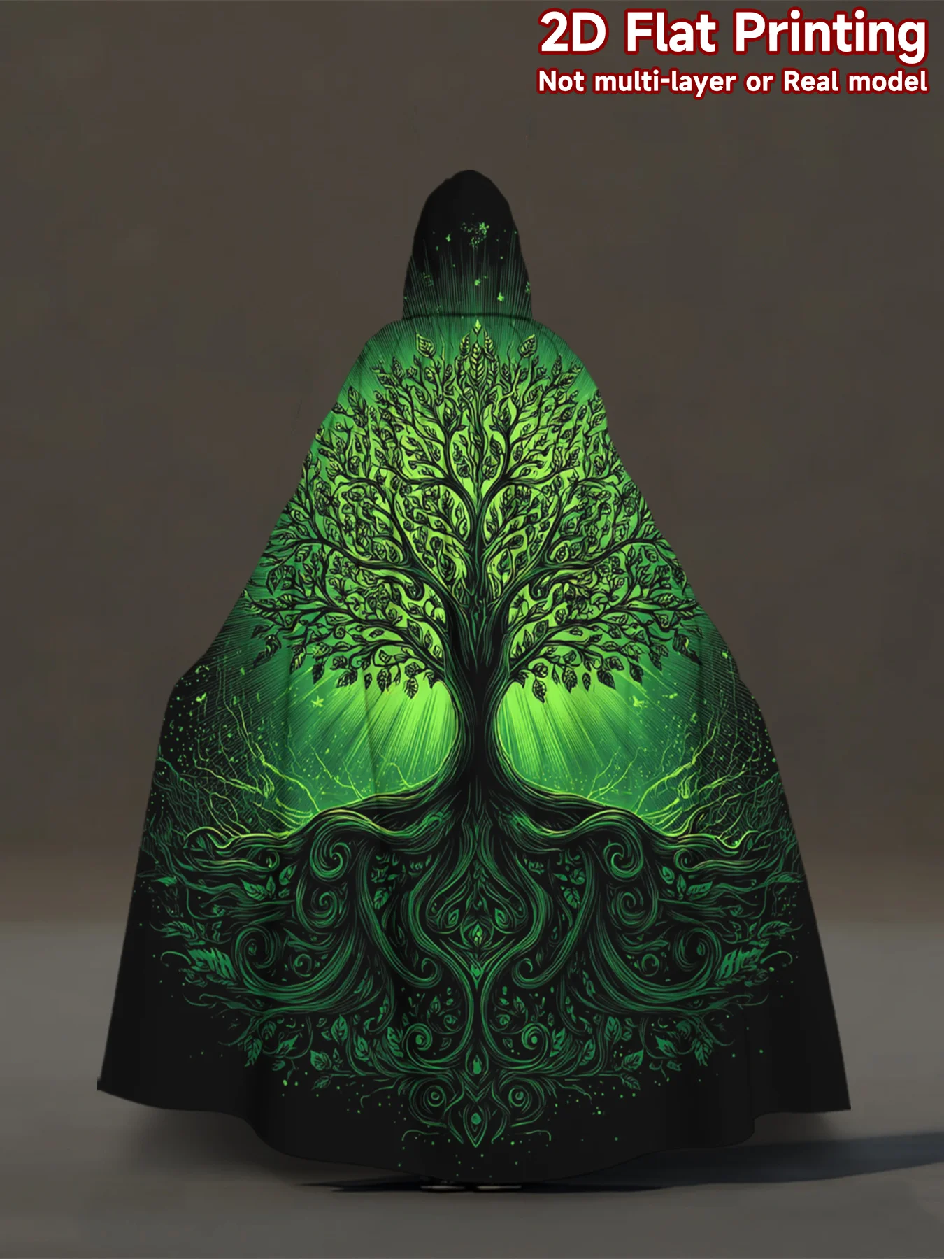 1pc 2D Flat Magical Green Tree Art Pattern Hooded Cape | Fabric, All-Season Wear, Ideal for Cosplay, Halloween, Carnival Parties