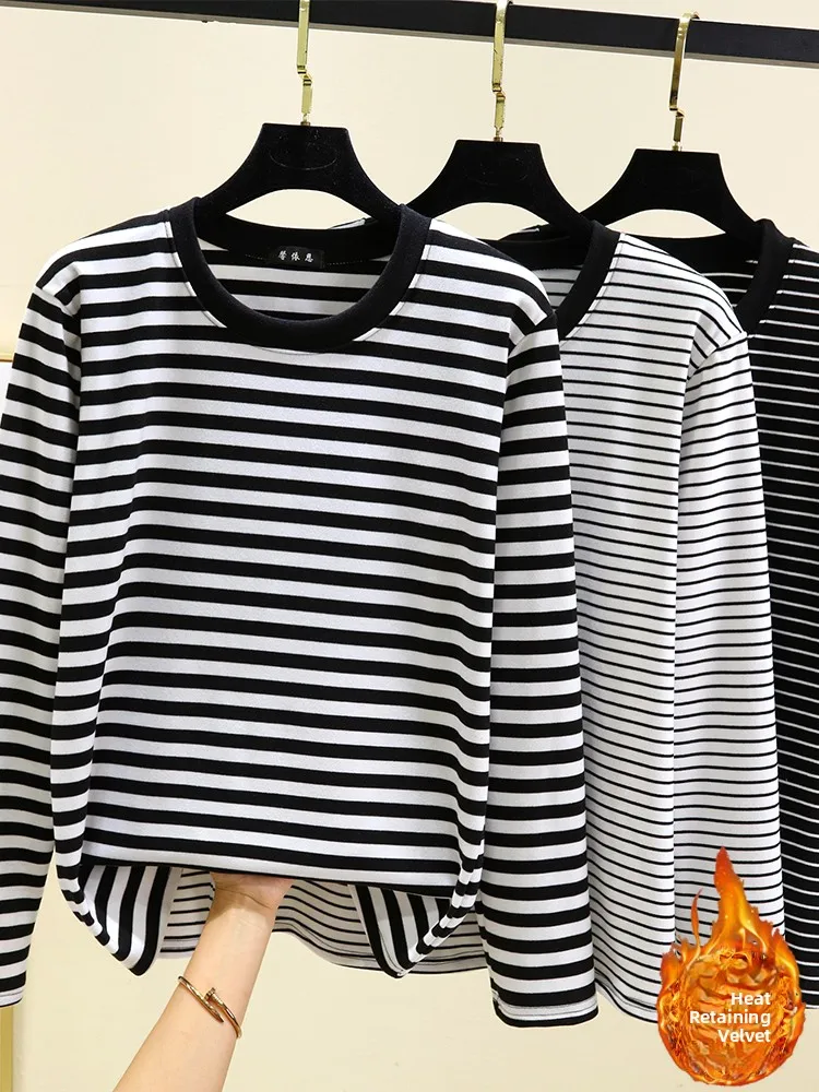 

Женская термобелье на подкладке Thiened Casual Base irt, двусторонняя бархатная зимняя свободная полосатая футболка большого размера