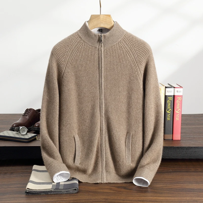 

2025 100% Cashmere Autumn Winter Men's Warm Soft Fine-Striped Sweater Korean Stylish Trendy Sports Zip-Pocket Cardigan Coat